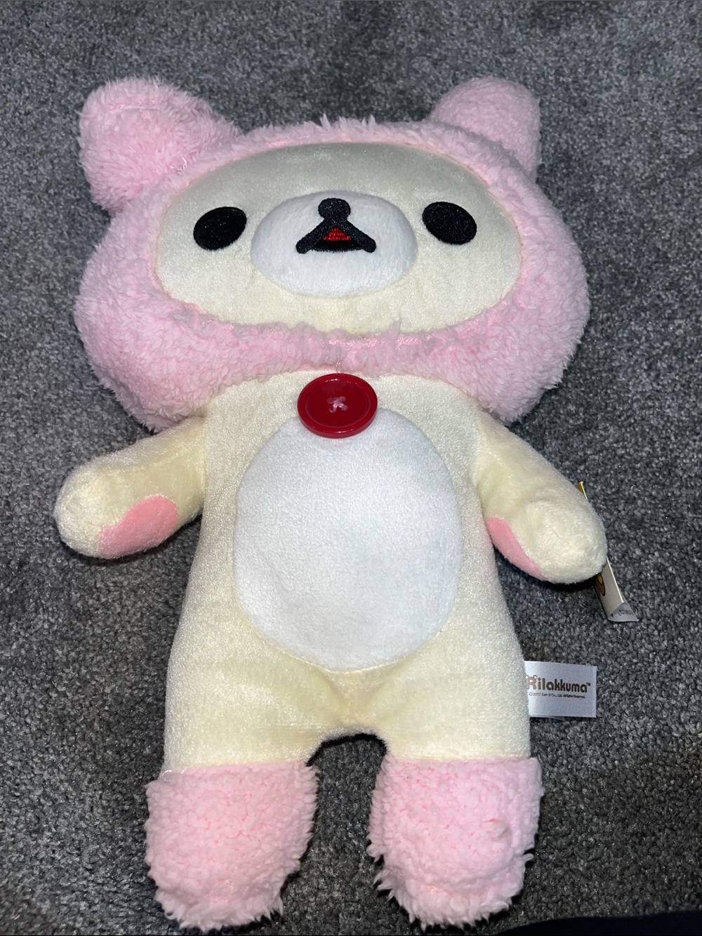 Rilakkuma Pink & Cream Plush Toy with Red Button Accent
